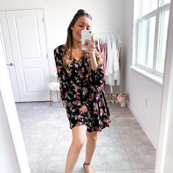 Black Floral Print Long Sleeve Fit & Flare Dress - Picture 8 of 14